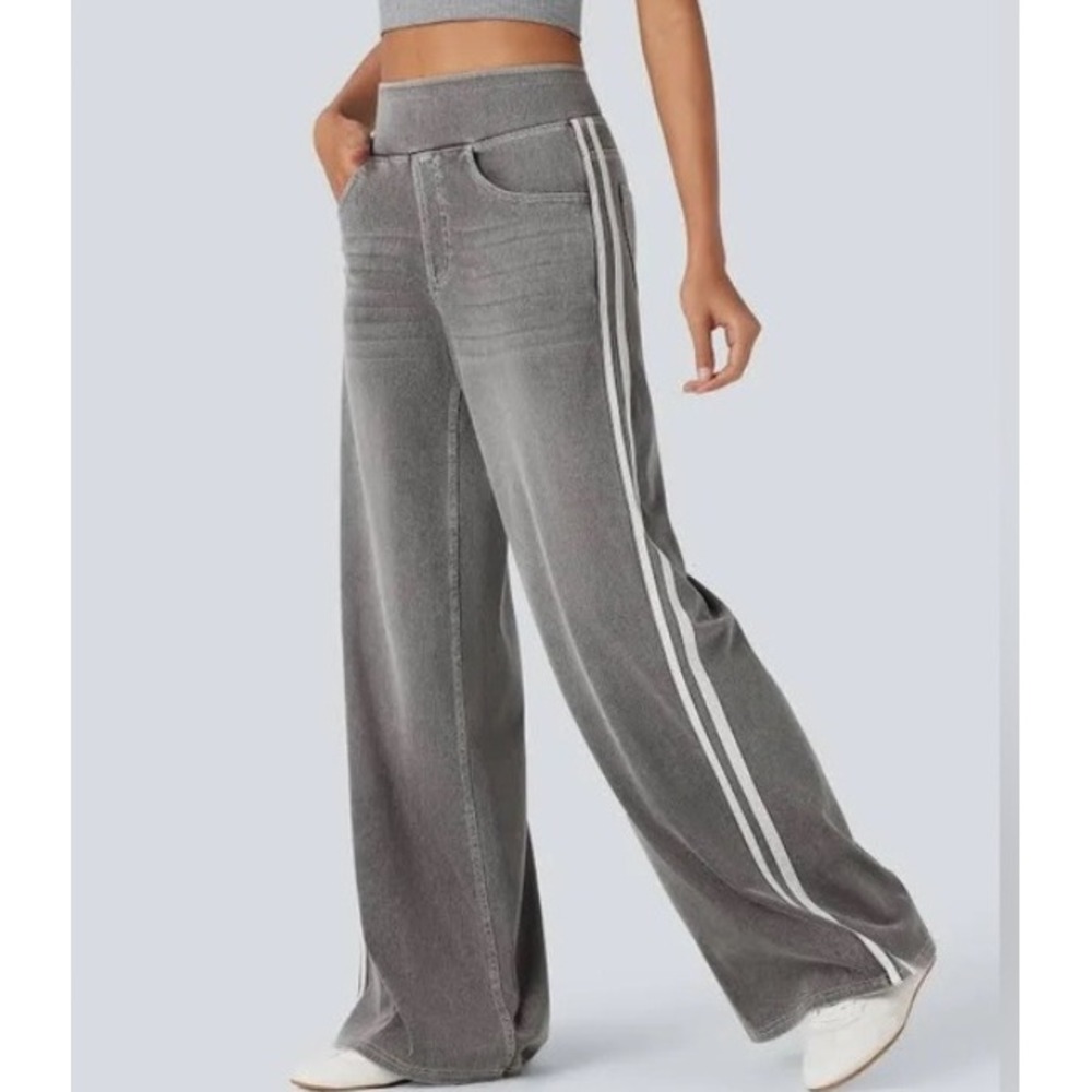 Halara Grey Wide Leg Denim Look Side Stripe Pants Petite Small S High Waisted